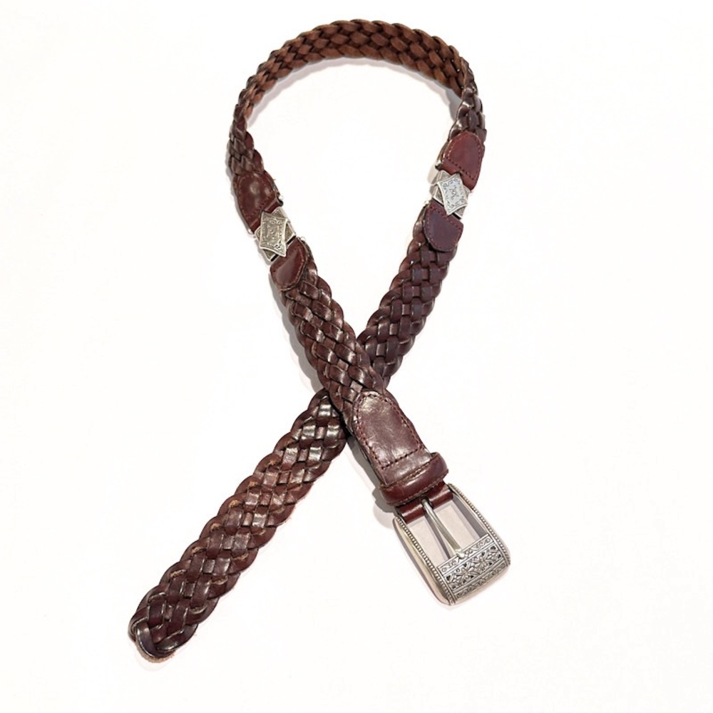 Womens Fossil Brown Braided Woven Leather Belt Silver Tone Hardware Size Large